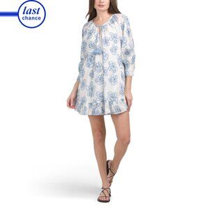 NAVY BLEU Blue Peony Three-quarter Sleeve Peony Print Mini Dress